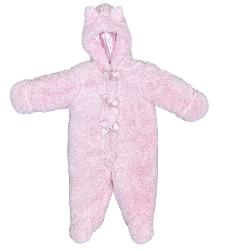 First Impressions Pink Plush Bear Hooded Snowsuit Bunting 12 Months